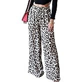 Flygo Women's Leopard Print Wide Leg Pants High Waisted Palazzo Straight Flowy Baggy Work Casual Trousers with Pockets