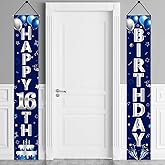 Turypaty Blue Silver 16th Birthday Door Banner Decorations, Happy 16 Birthday Party Porch Sign Supplies for Boys, Sweet 16 Year Old Birthday Party Supplies