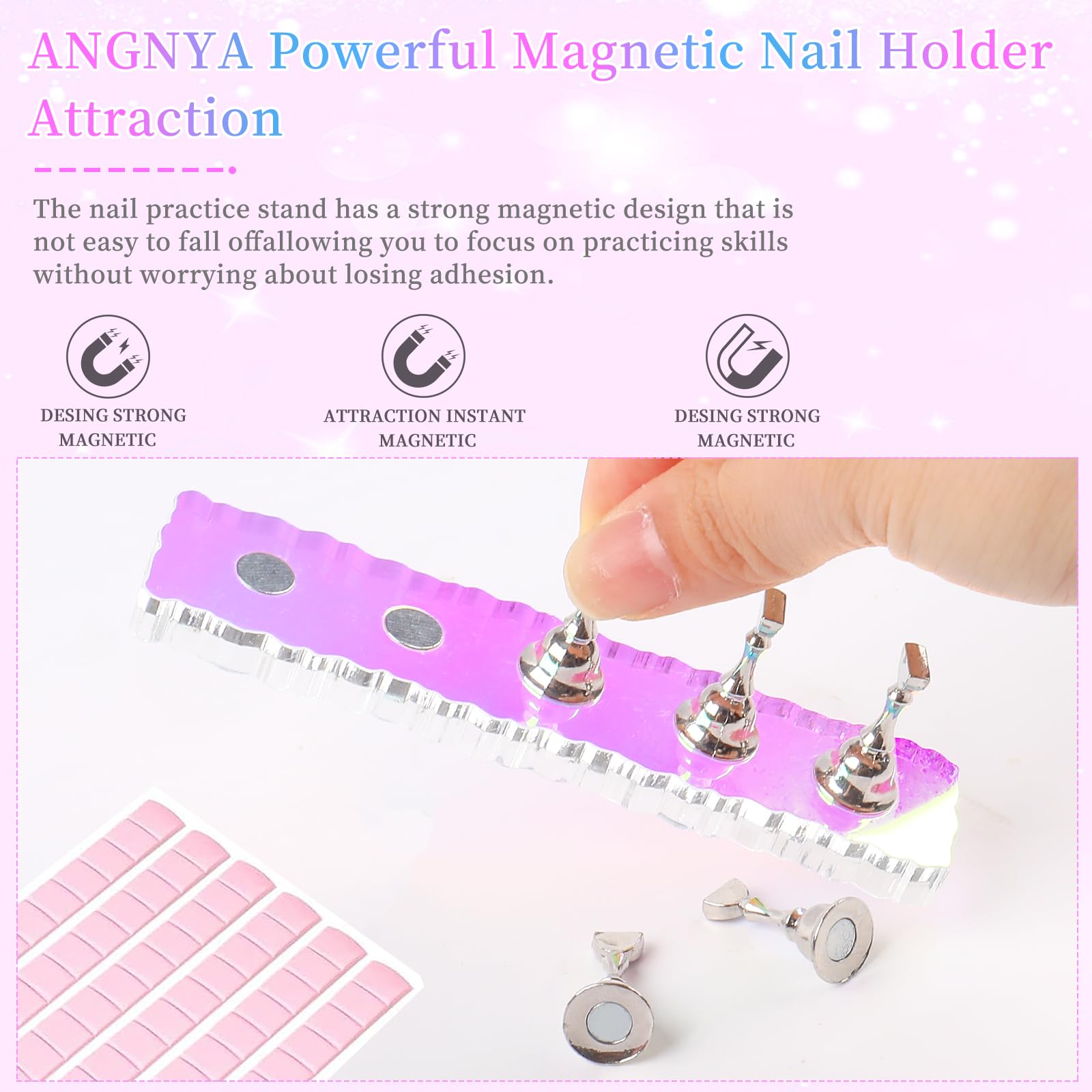 ANGNYA 2 Set Nail Stand, Aurora Nail Holder for Painting Nail Stand for Press on with 96 Pcs Reusable Sticky Putty Nail Display Stand Nail Hand Practice Magnetic Nail Art Tools for Homes and Salons - Image 4