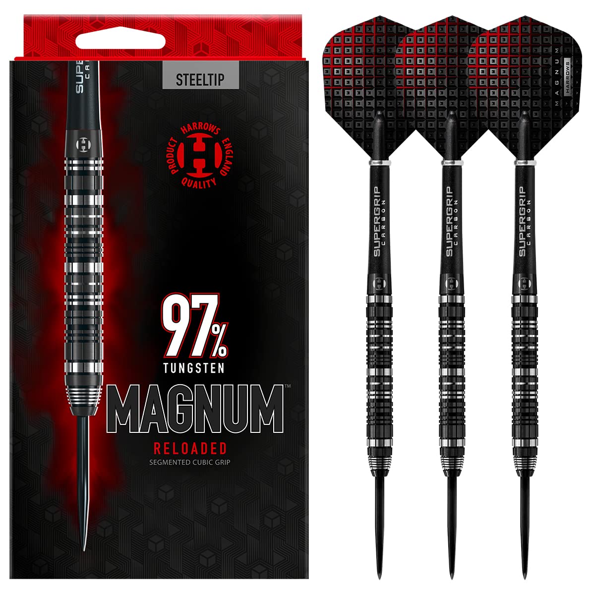 Harrows Magnum Reloaded 97% Tungsten Barrel Steel Tip Darts Set 21g, Black & Silver