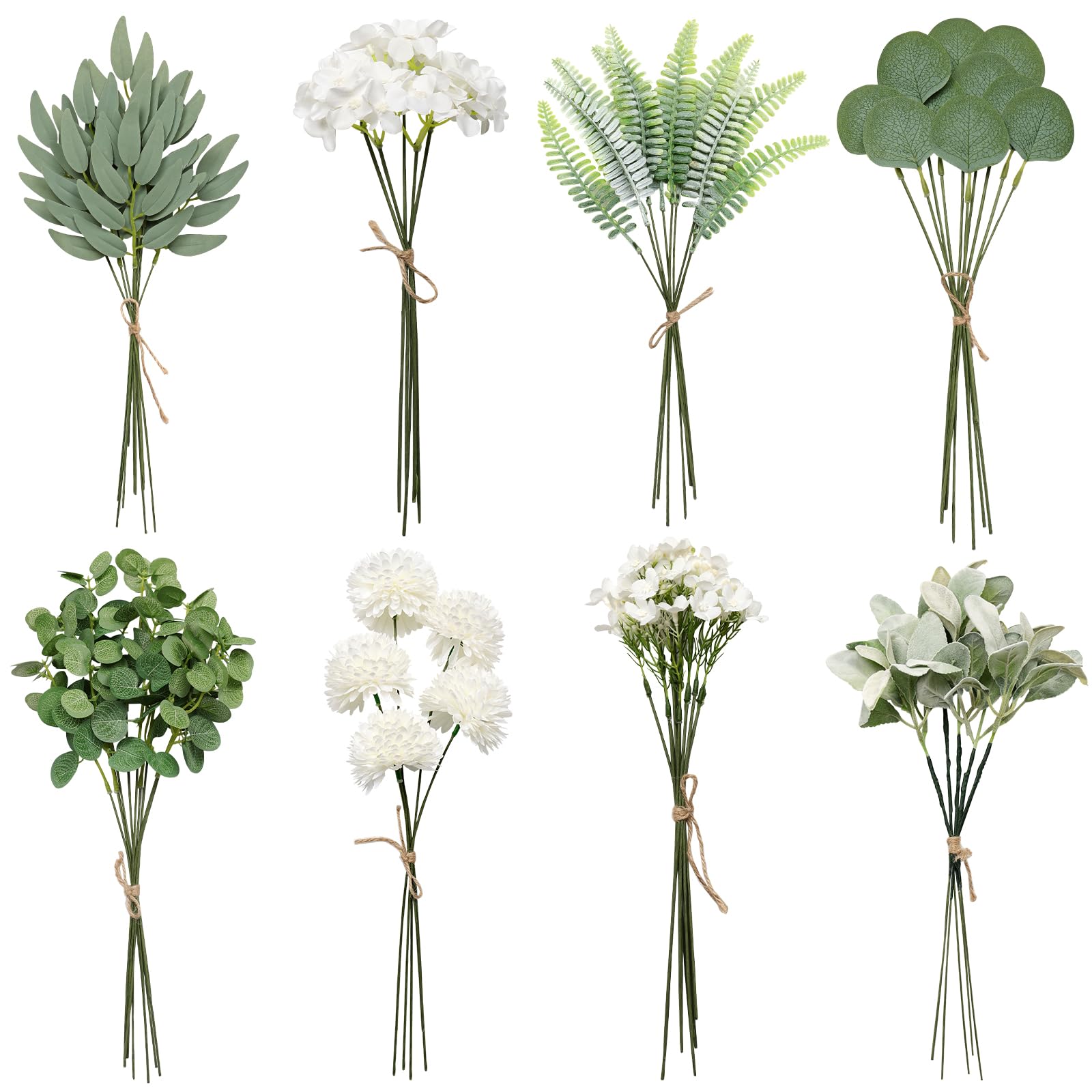 Betylifoy Artificial Eucalyptus Stems Fake Greenery Stems 65pcs Mixed Fake Greenery Bouquets Artificial Flowers White Faux Greenery Branches Plants for Wedding DIY Bouquet Floral Arrangement Decor