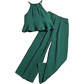SweatyRocks Girl's 2 Piece Outfits Ruffle Halter Sleeveless Top and Elastic High Waisted Pants Set