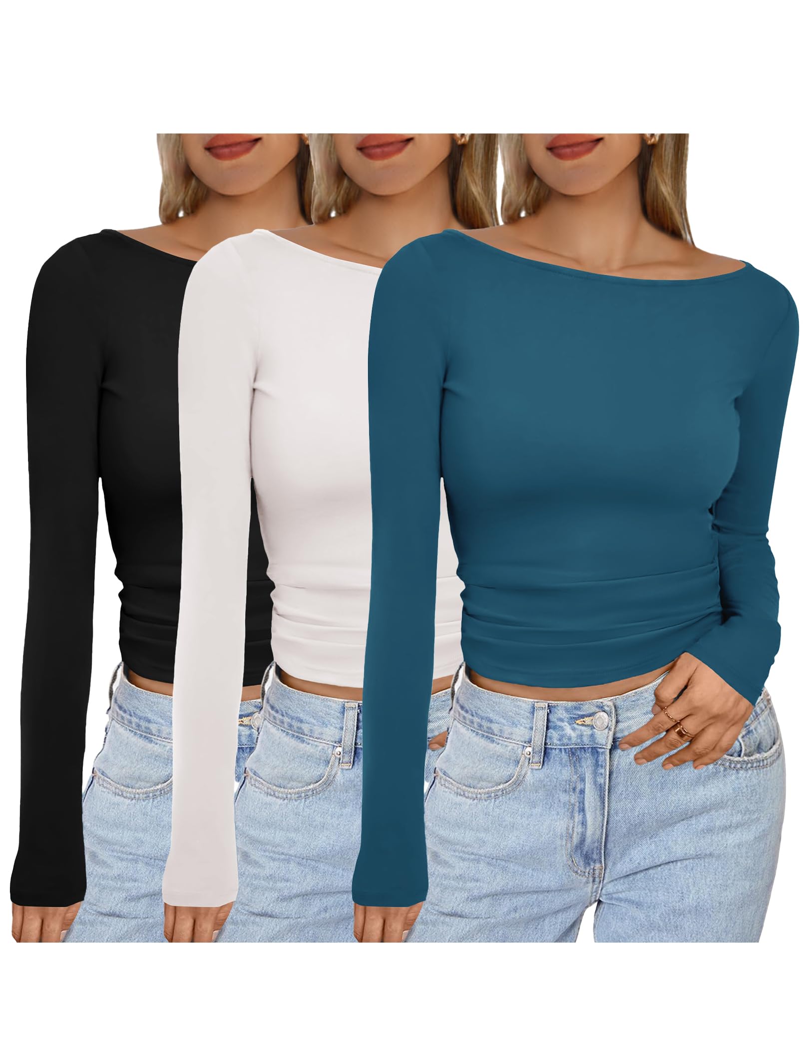 Photo 1 of Ekouaer Women’s Boatneck Tops Long Sleeve Shirts 3 Packs Double Lined Basic Tees Fall Outfits 2025 Thermal Underscrubs Black/White/Dark Blue L
