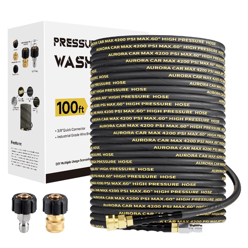 Photo 1 of AURORA CAR Pressure Washer Hose 100FT with 3/8 Inch Quick Connect, Kink Resistant High Tensile Wire Braided, with 2 pcs M22 14mm Adapter Set, 4200 PSI Power Washer Hose