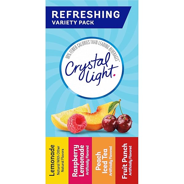 CRYSTAL LIGHT REFRESHING DRINK MIX VARIETY PACK, 44 PACKETS, FOR CONVENIENT HYDRATION, LEMONADE, RASPBERRY LEMONADE, PEACH ICED TEA, FRUIT PUNCH, NATURAL AND ARTIFICIAL FLAVOR, ZERO SUGAR, 4.18 OZ