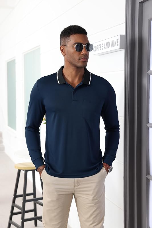 Polo pour Homme à Manches Longues Polo de Golf Travail avec Boutons Polos Chemise Respirants Décontractés T Shirts à Poche,Bleu Marine,M