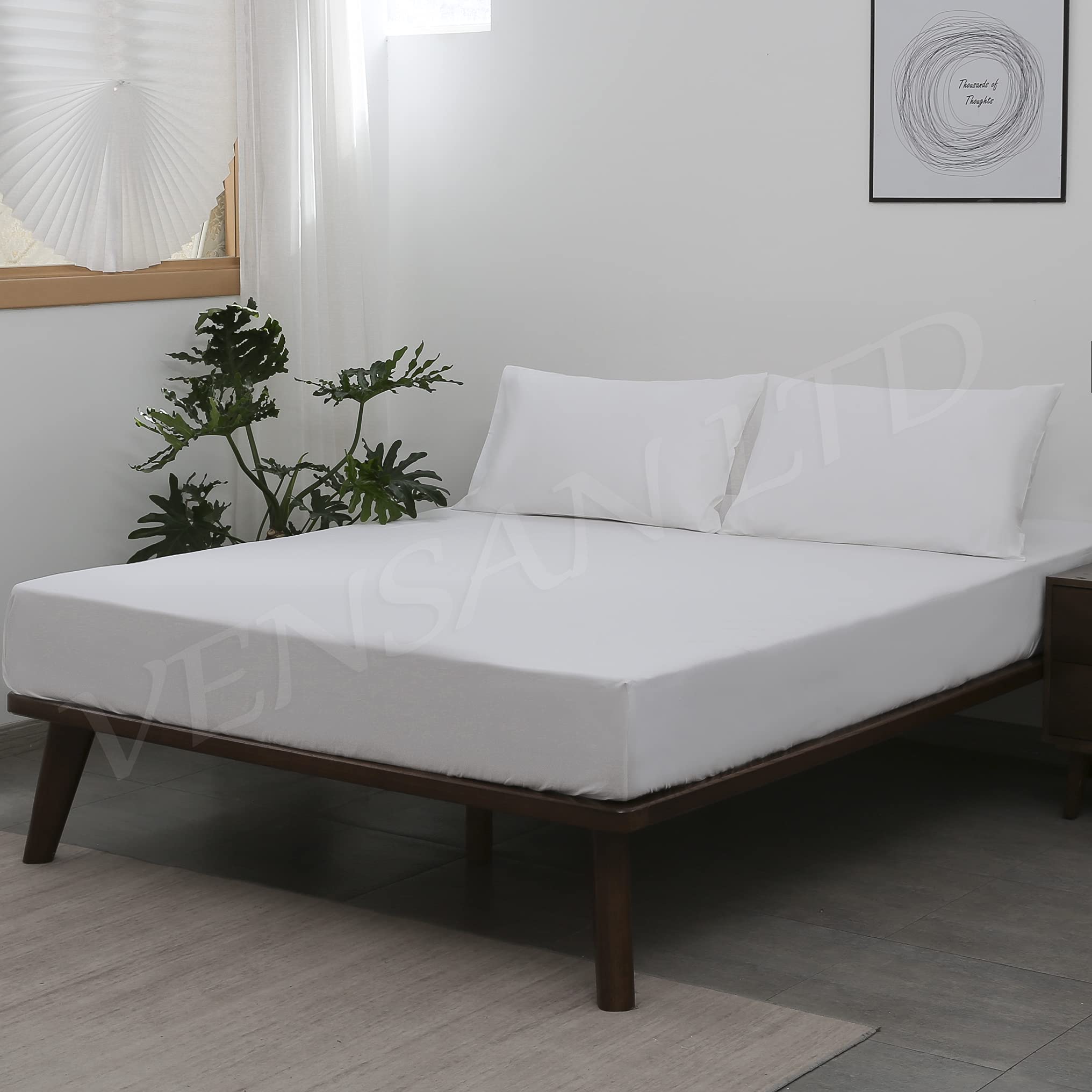 Vensan Fitted Bedding Sheet Size: Double, 100% Cotton Satin, 300 Thread Count, Plain White, 5 Star Hotel Quality.