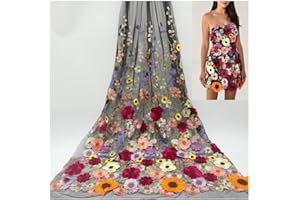 Primst 51.2" Width Flower Colorful Embroidered Lace Trim 3D Appliqué Embroidery Lace Fabric for DIY Handmade Clothing Evening Dress Home Decoration (Black)