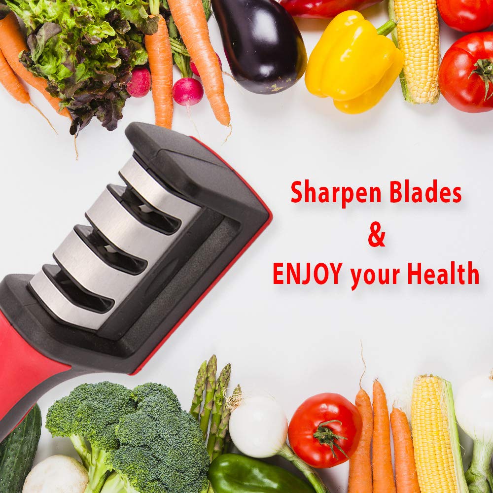Stainless Steel Kitchen Knife Sharpener 3-in-1 for Straight and Serrated Knives, 3 Stage Manual Sharpener- Ceramic, Coarse& Finest Grinding, Easy Ergonomic Design with Non-Slip Base