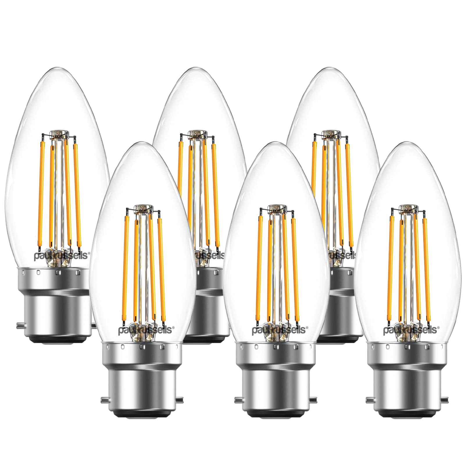 paul russells LED Candle Filament Light – 4.5W 40W Equivalent Replacement, 470LM Lumens, 2700K Warm White, BC B22 Bayonet Cap C35 Bulbs – Bright Energy Saving Non-Dimmable Lamps - Pack of 6