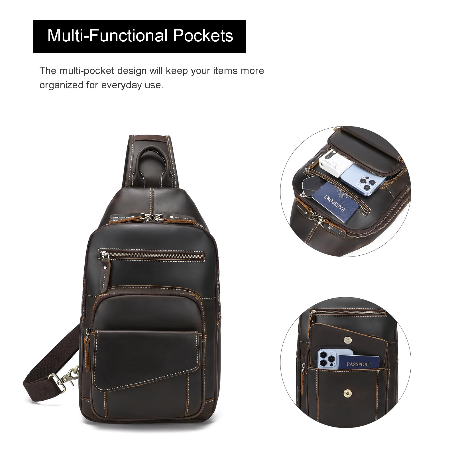 LANNSYNE Full Grain Leather Casual Sling Bag For Men Hiking/Travel/Business Crossbody Chest Bag Fits 12.9