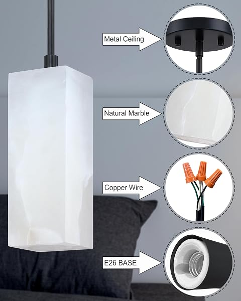 RAINLIGHTING 1 LIGHT MODERN INDUSTRIAL FARMHOUSE HANGING KITCHEN ISLAND PENDANT CEILING LIGHT FIXTURE,SQUARE NATURAL ALABASTER MARBLE BLACK FINISH OVER SINK RESTAURANT BAR CORRIDOR