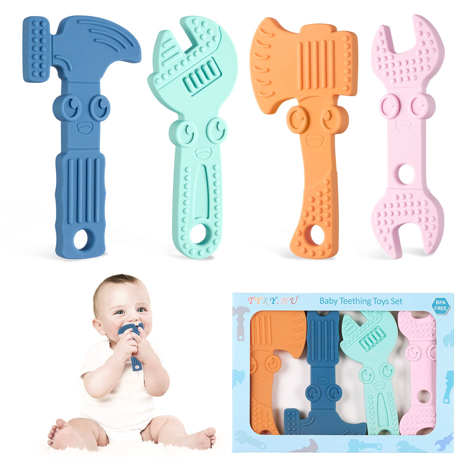TYRY.HU Teething Toys for Baby Silicone Training Baby Toothbrush Teether Chew Toy Teether Chew Toy Sensory Cooling,Hammer Wrench Spanner Pliers Tools Shape Gifts for Newborn Boys and Girls