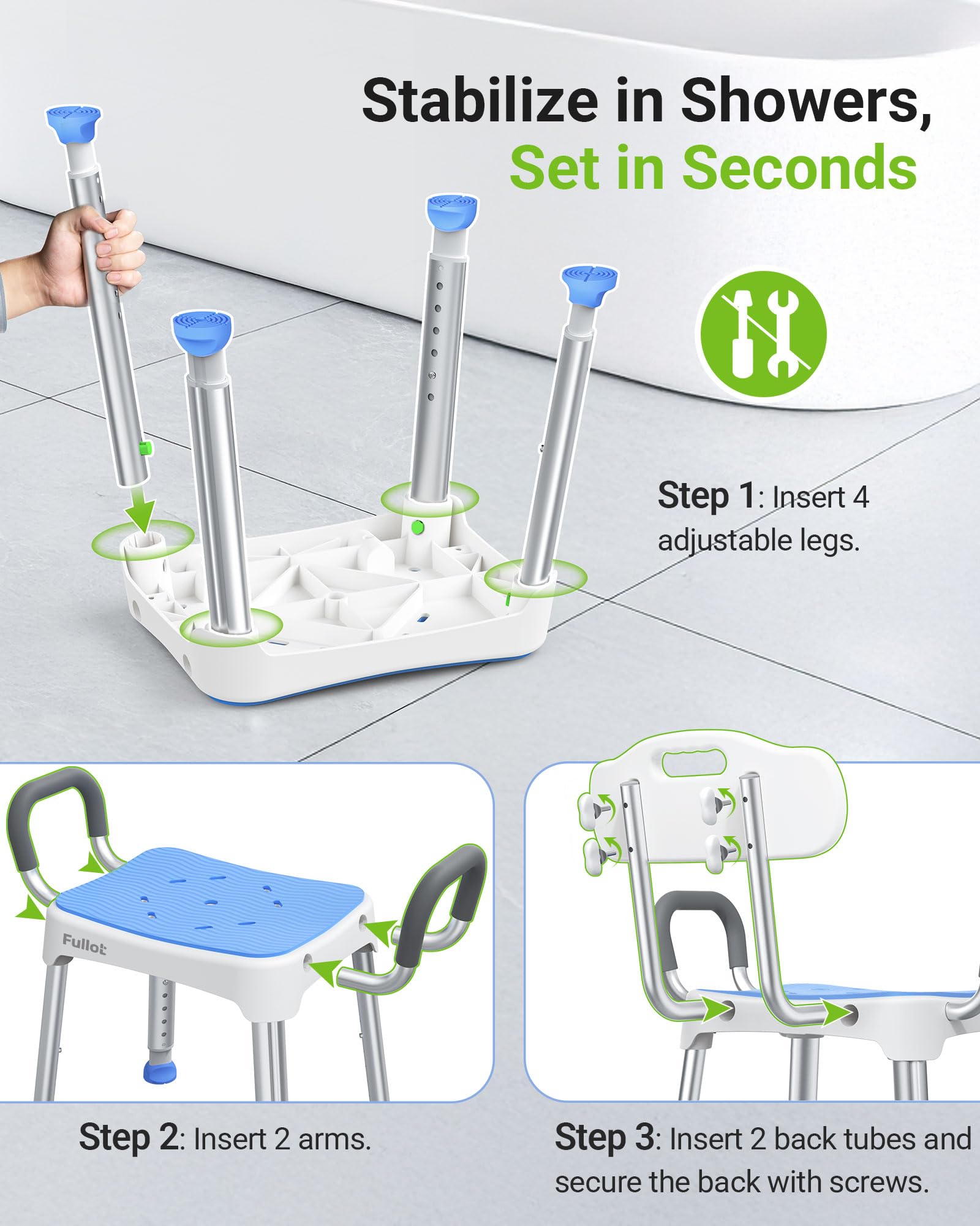 Widened Shower Chair for Inside Shower with Padded Back & Arms,400 lbs Heavy Duty & Adjustable Shower Chair for Elderly and Disabled, Non-Slip Shower Seat, Bath Chair for Tub