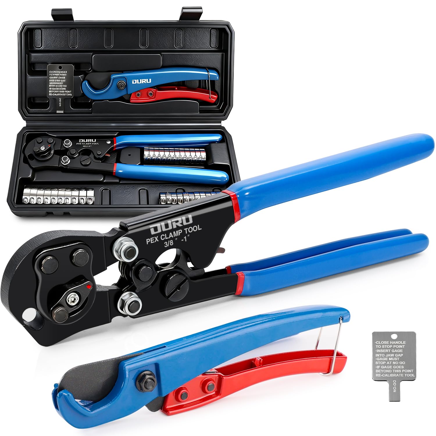 Photo 1 of 2 IN 1 Ratchet Pex Crimping Tool Cinch and Remove Combo Function Pex Pipe Crimp Tool from 3/8" to 1" Pex Crimper with Pex Cutter and Stainless Steel Pex Clamps 1/2" 25PCS, 3/4" 10PCS in Plastic Box