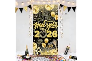 AIBIIN 2026 Happy New Year Banner Black and Gold Photography Background New Years Eve Party Decoration Backdrop Holiday Party Hanging Poster Background Banner 35.4x70.8 inch