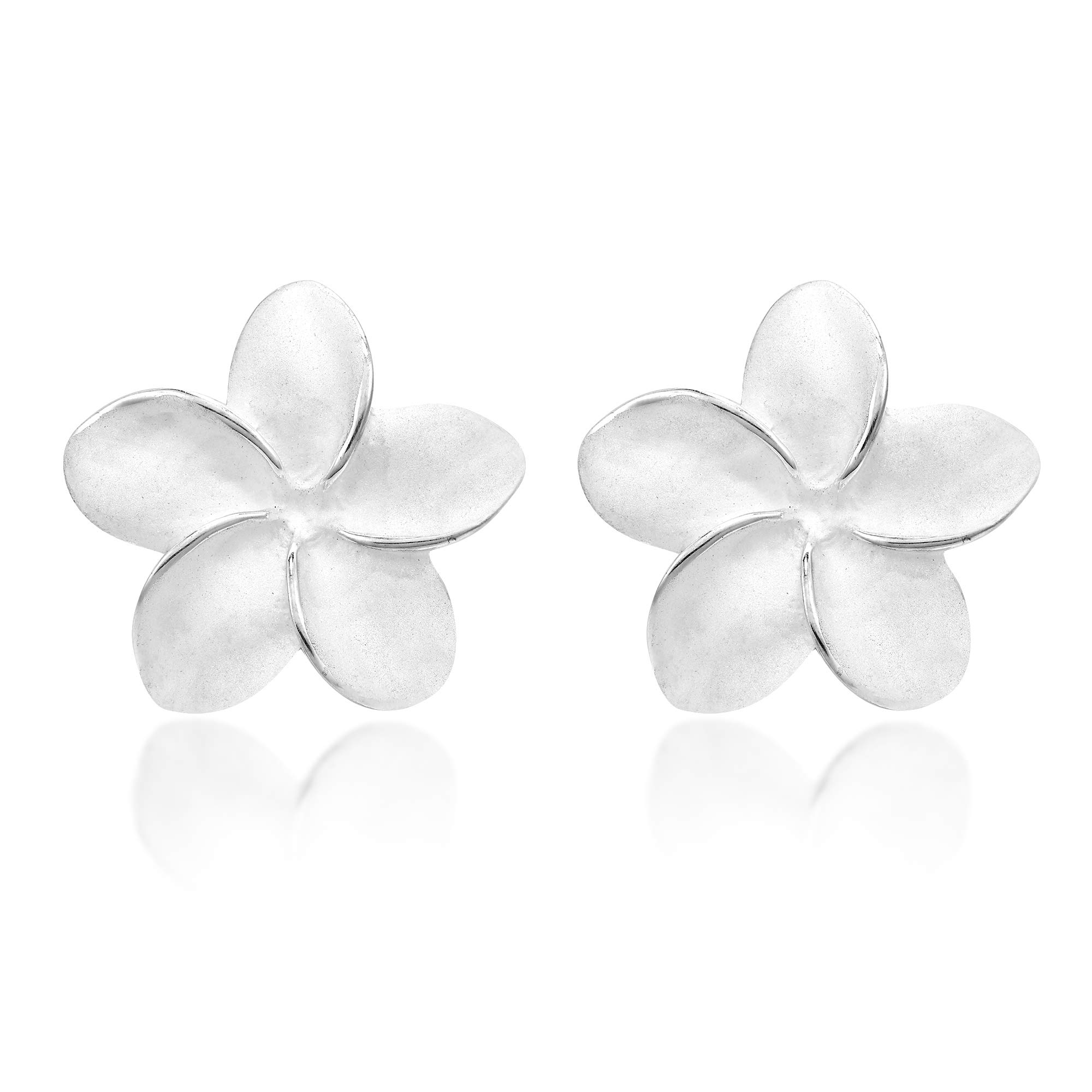 Tropical Satin Shine Hawaiian Plumeria Flower .925 Sterling Silver Stud Earrings