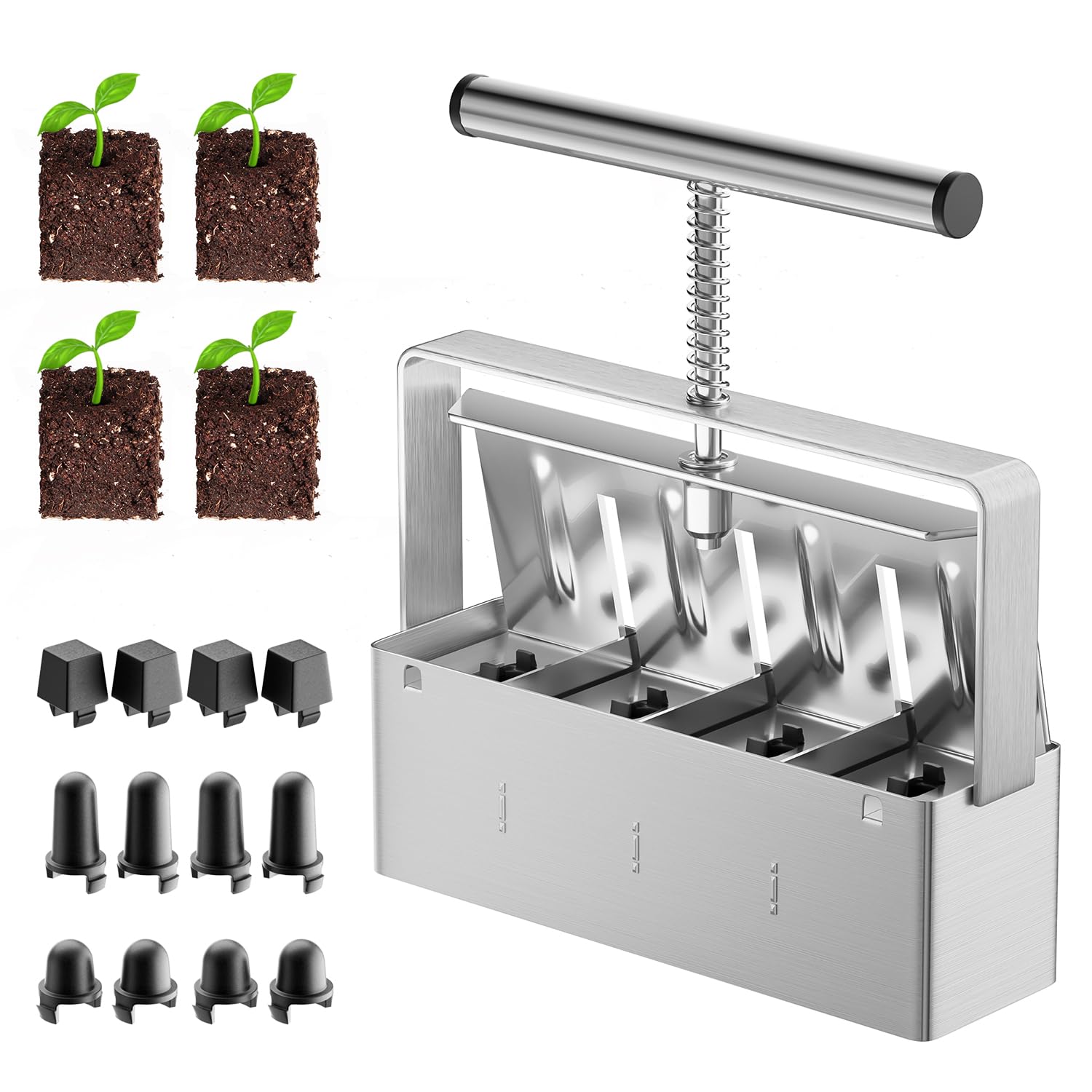 Photo 1 of NVRGIUP Soil Blocker, 4 Cell Soil Block Maker 2 Inch with 3 Sizes Seed Pins, Seed Handheld Block Maker with Comfortable Handle, Garden Blocking Tools for Seedings, Cuttings, Greenhouses