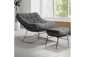 Bme Patio Rocking Chair Outdoor & Indoor, Metal Patio Lounge Rocking Chair with Thick Cushion, Comfy Modern Rocker Chair for Living Room, Porch, Backyard, Grey Cushion - Wood Texture Rocker