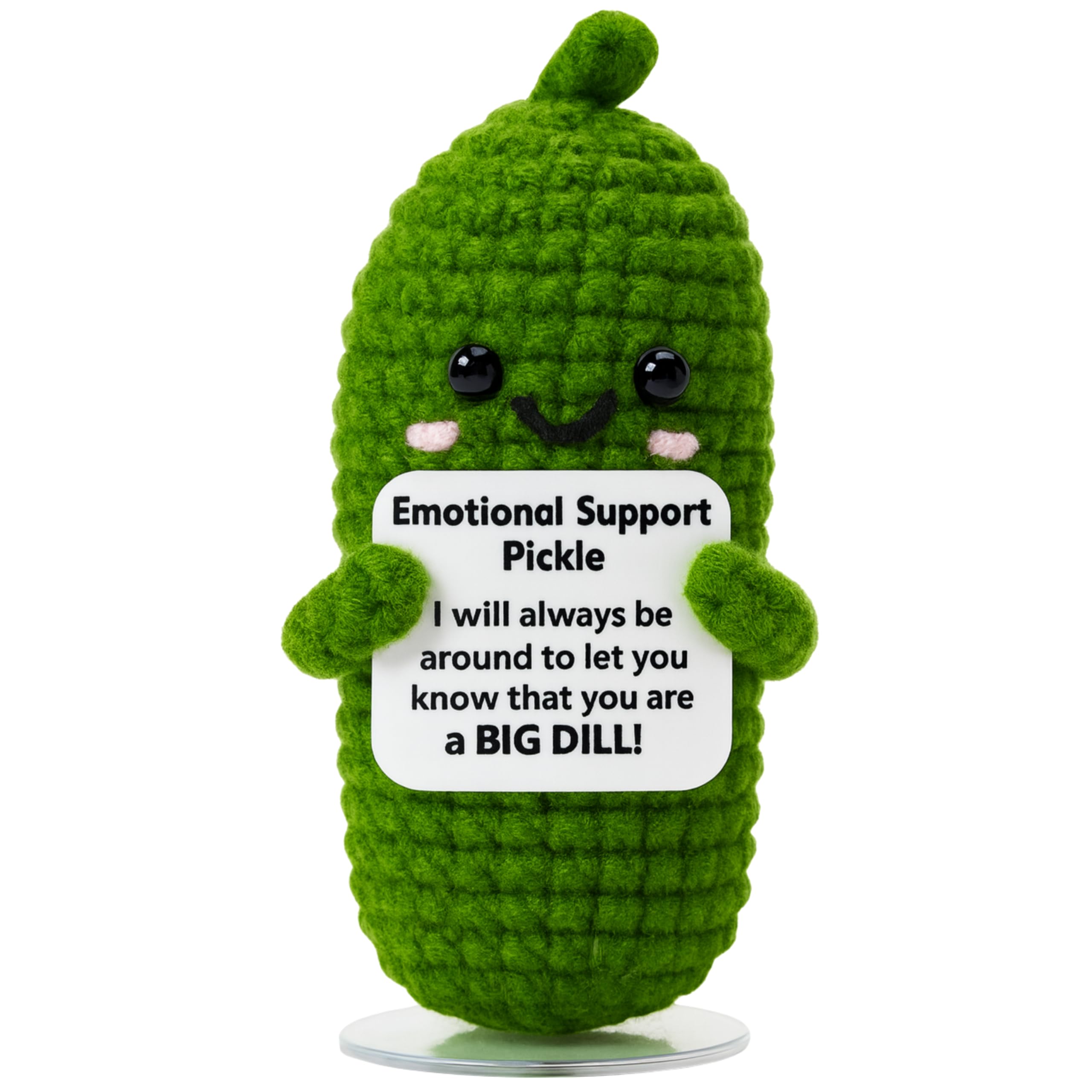 Photo 1 of The trend collection Emotional Support Pickle Crochet with Stand. Handmade Positive Pickle Gift for Women, Friends, Family, Co Workers. Birthday Gifts for Her. Best Friends (Emotional Support Pickle)