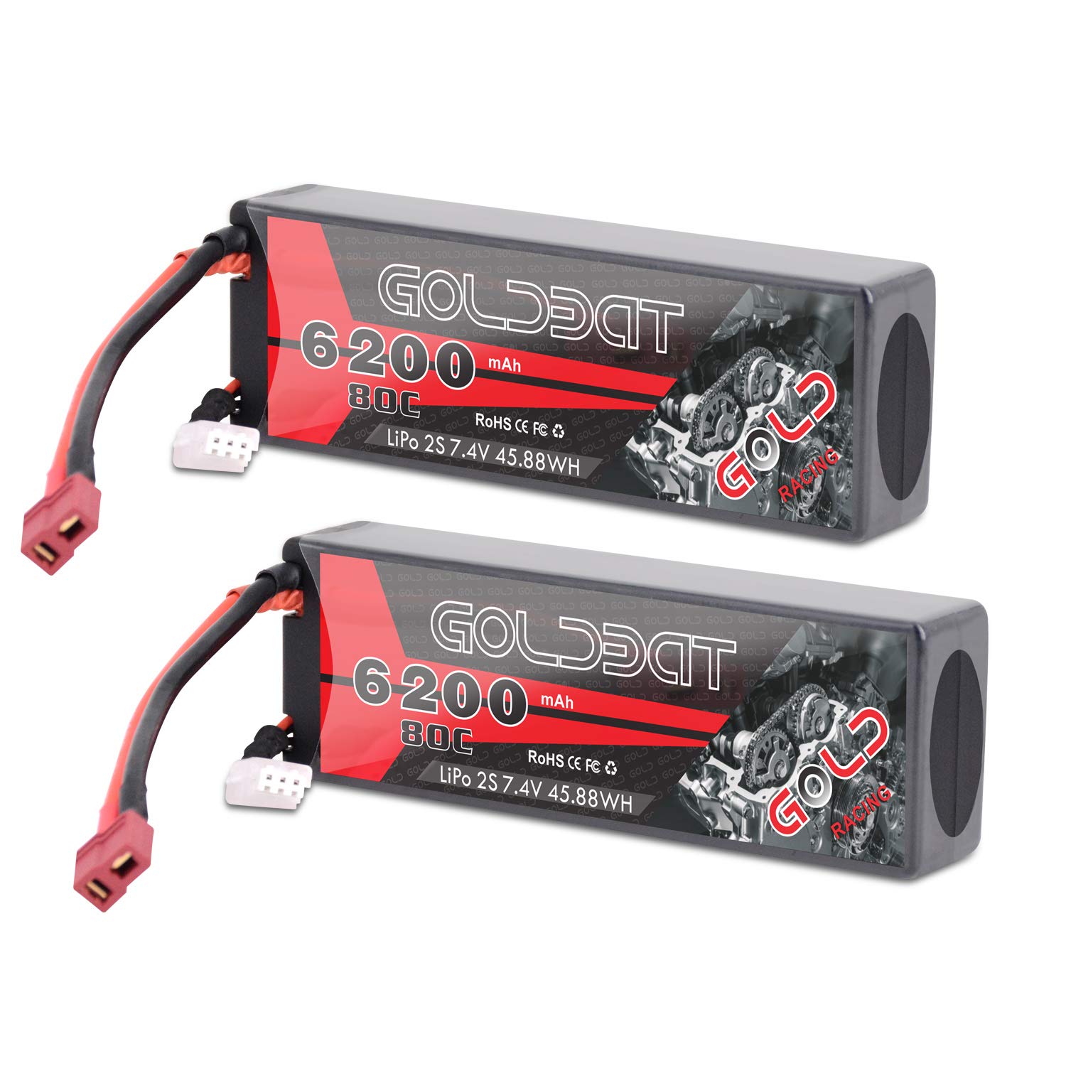 GOLDBAT 6200 mAh 7.4V 80C 2S Lipo Battery Hard case with Dean-Style T Connector for RC Car Truck Slash, Slash 4x4, Emaxx, Bandit, RC Boat, etc (2 packs)
