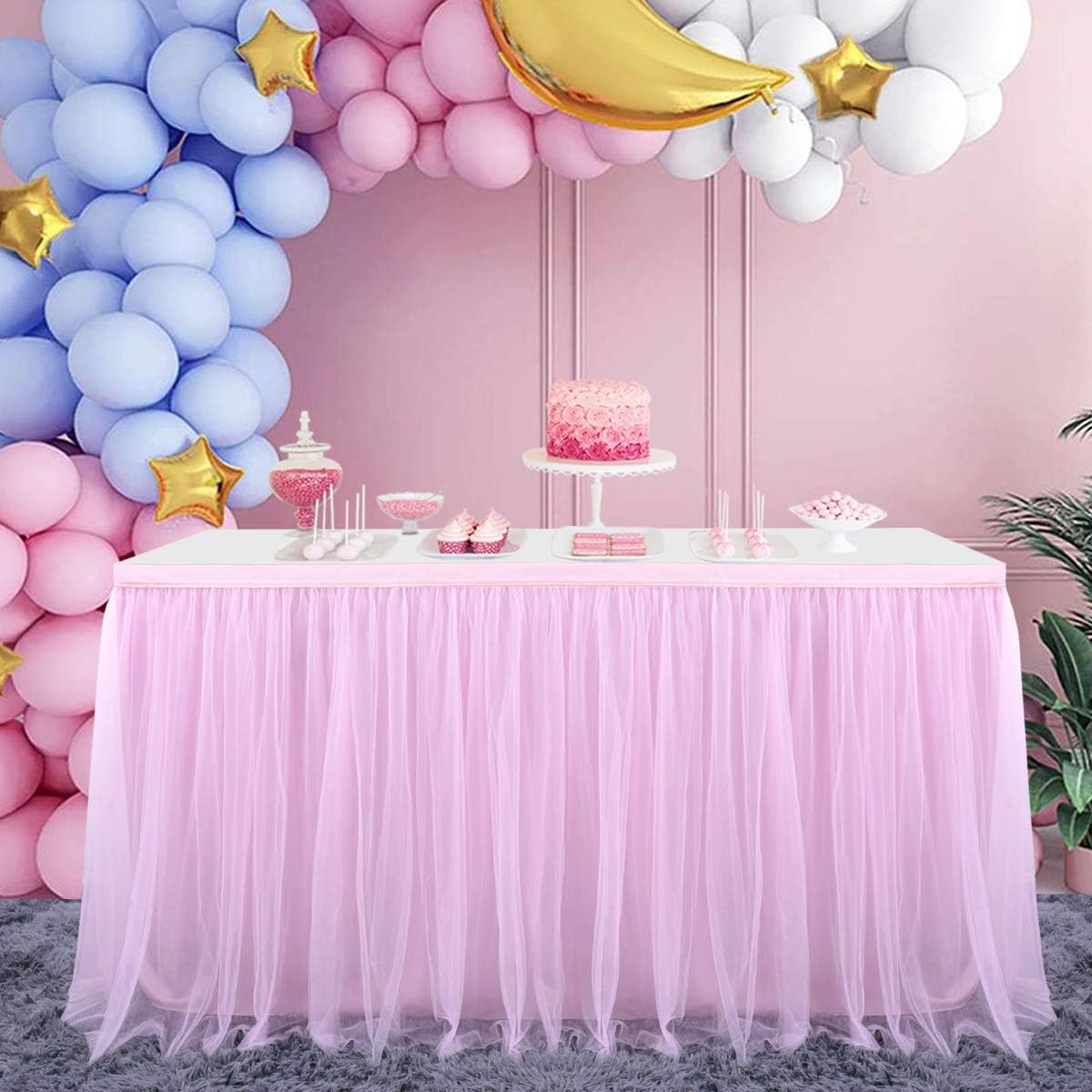 14FT Tulle Table Skirt Pink High-end Gold Brim 3 Layer Round or Rectangle Tables Tutu Mesh Table Skirting Fluffy and Elegant for Baby Shower,Birthday Party,Wedding Decoration(L167in, H30in)