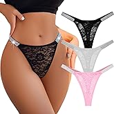 AUTUCAU Lace Thongs for Women G-String Tanga with Rhinestone-Embellished Cheeky Underwear 3 Pack