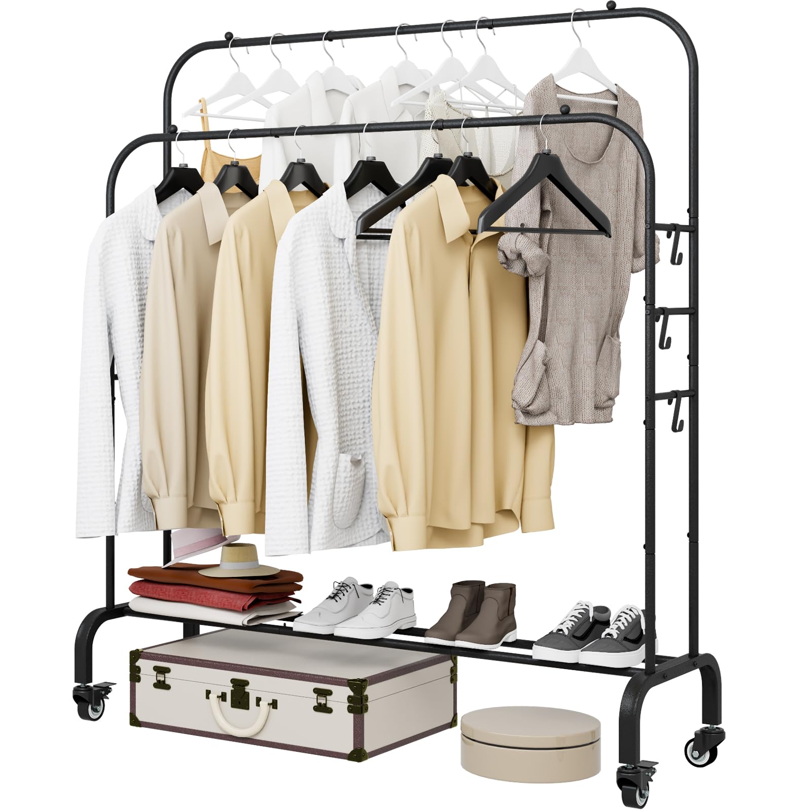 Photo 1 of SUOERNUO Garment Rack with Wheels Clothing Rack for Hanging Clothes Multi-functional Bedroom Clothes Rack?Black+Double RodsBlack