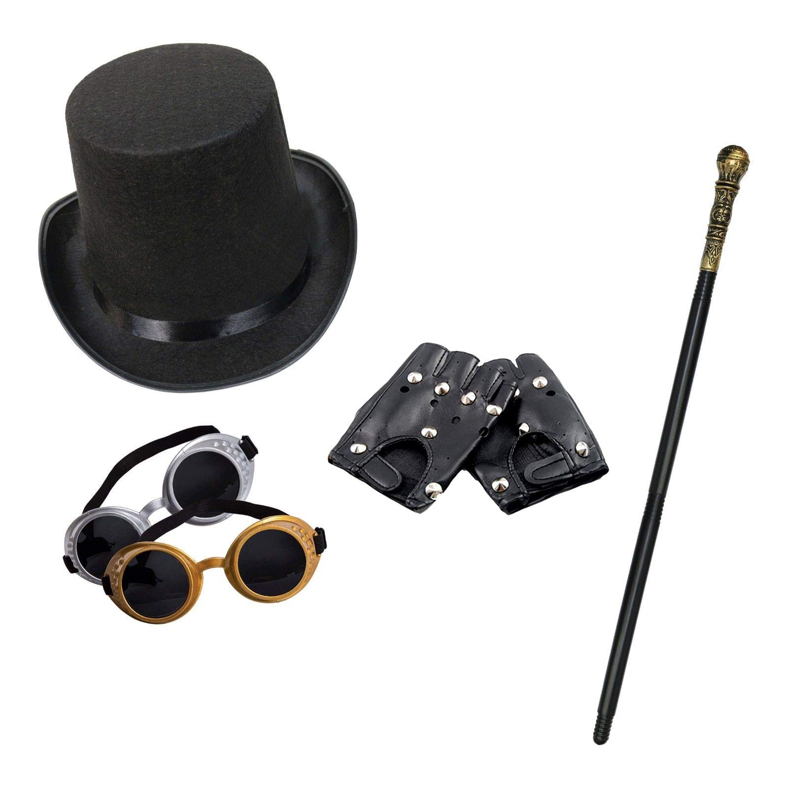 Unisex Steampunk Fancy Dress Set (Top Hat, Goggles, Cane & Short Black Gloves)
