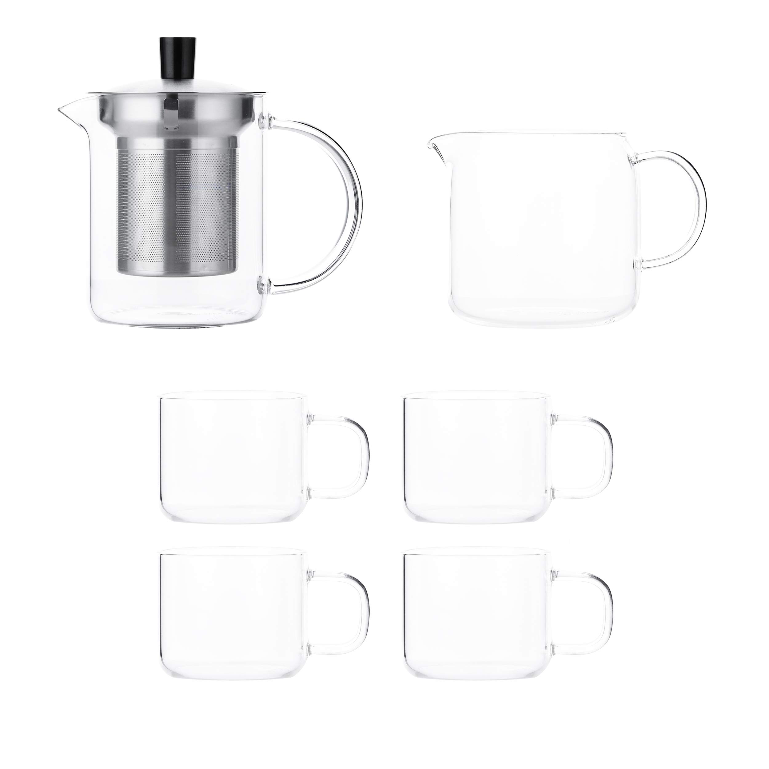 CAPACITEA WS1 Teapot Gift Set 400ml with Heat Resistant Stainless Steel Infuser, 1 Serving 300ml, 4 Tasting Cup 60ml, Borosilicate Glass Advanced
