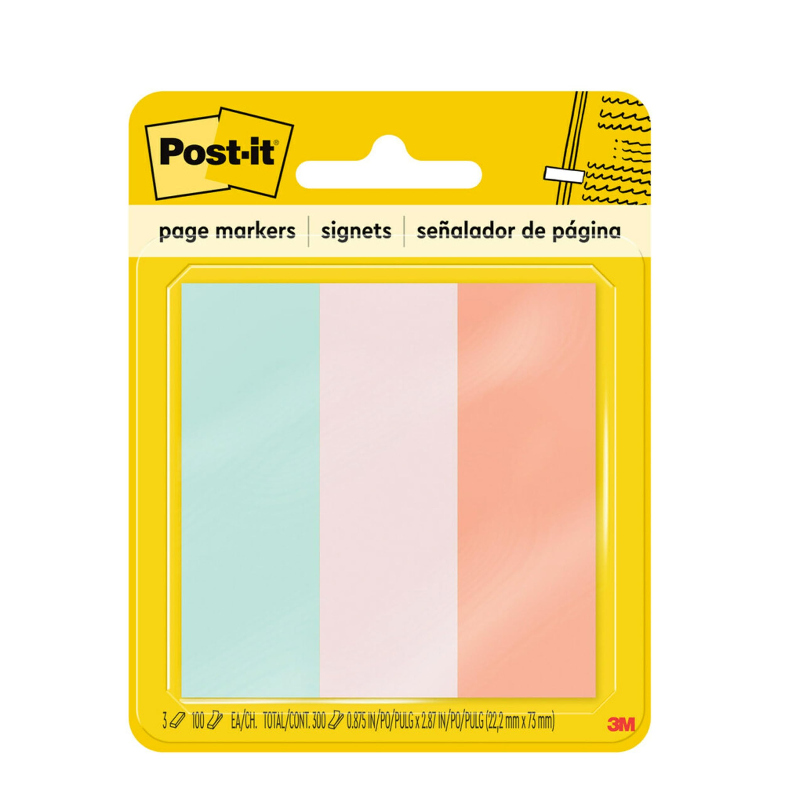 Post-it Page Markers, 1 in x 3 in, Ideal for Temporary Marking and Noting in Books, Assorted Colors, 100 Sheets/Pad, 3 Pads/Pack (5487)