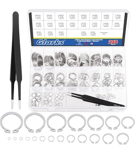 Glarks 211pcs 304 Stainless Steel E-Clips Retaining Rings Assortment Set 14 Sizes E-Ring Circlip Rings Heat Treated External Retaining Clips E-Clips Retainer Circlip Rings With Tweezers For Gears