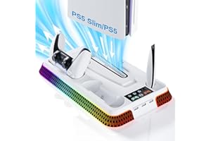 LHFDIAN PS5 Cooling Station and PS5 Stand with RGB Controller Charging Station for PlayStation 5 Console, Controller Charger, Cooling Stand, PS5/Slim/Pro Accessories Kit with 3 Level Cooler Fan