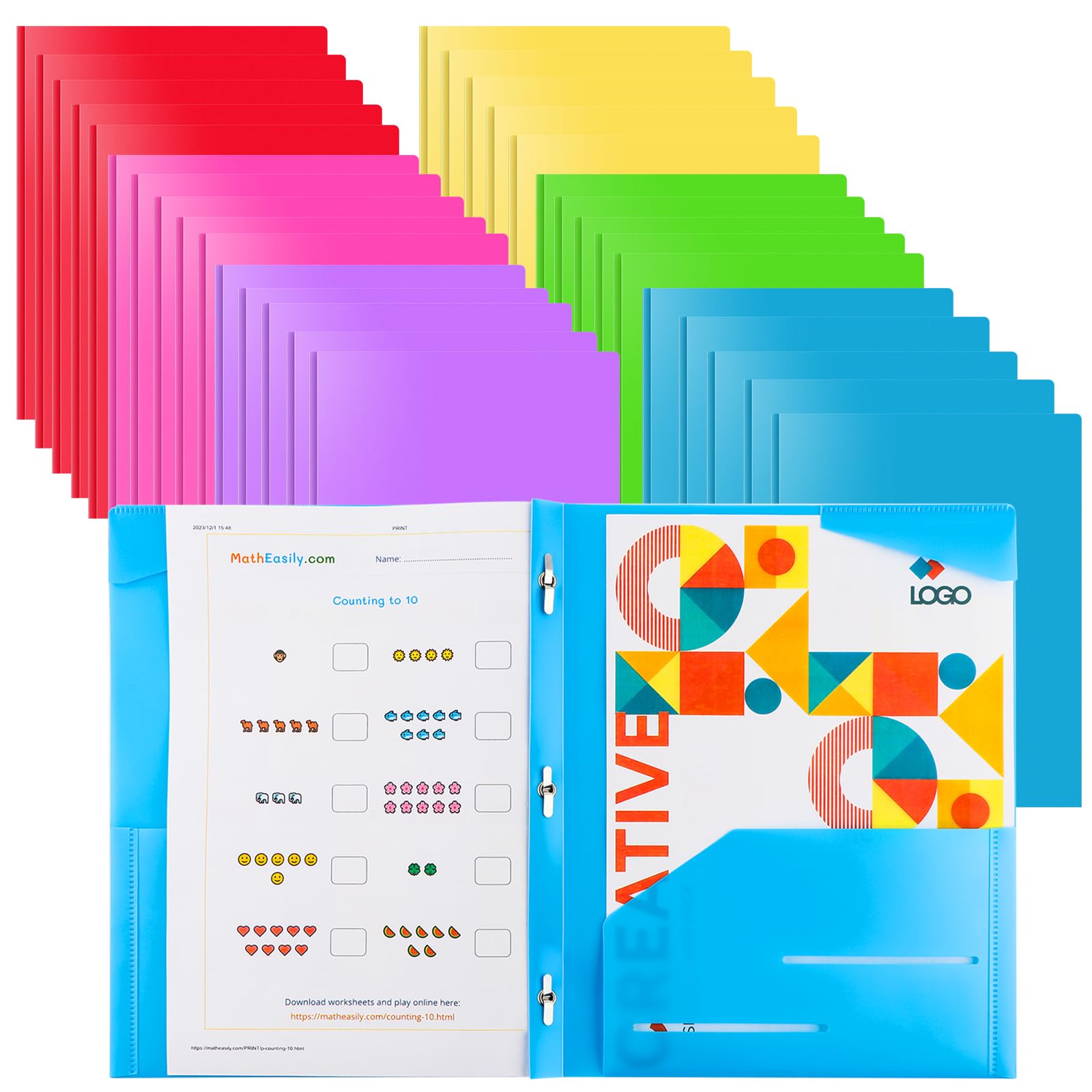 Briartw 30 Pack Colors File Folder,Heavy Duty Plastic Pocket Folder with Prongs for Letter Size Paper,2 Pockets and 3 Prongs,As Well As 2 Card Slots,for Office and School Staff or Students