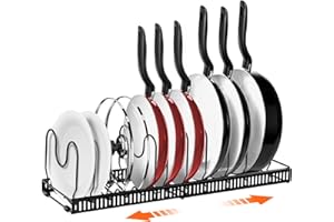 AHNR Expandable Pot and Pan Organizers Rack, 10+ Pans and Pots Lid Organizer Rack Holder, Kitchen Cabinet Pantry Bakeware Organizer Rack Holder with 10 Adjustable Compartments (Black)