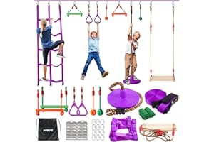 AOBOTE Ninja Warrior Obstacle Course for Kids-Slackline 52ft with 9 Accessries,Awing Seat,Climbing Net,Monkey Bar -Obstacle Course Outdoor-Playset Equipment for Girls & Boys