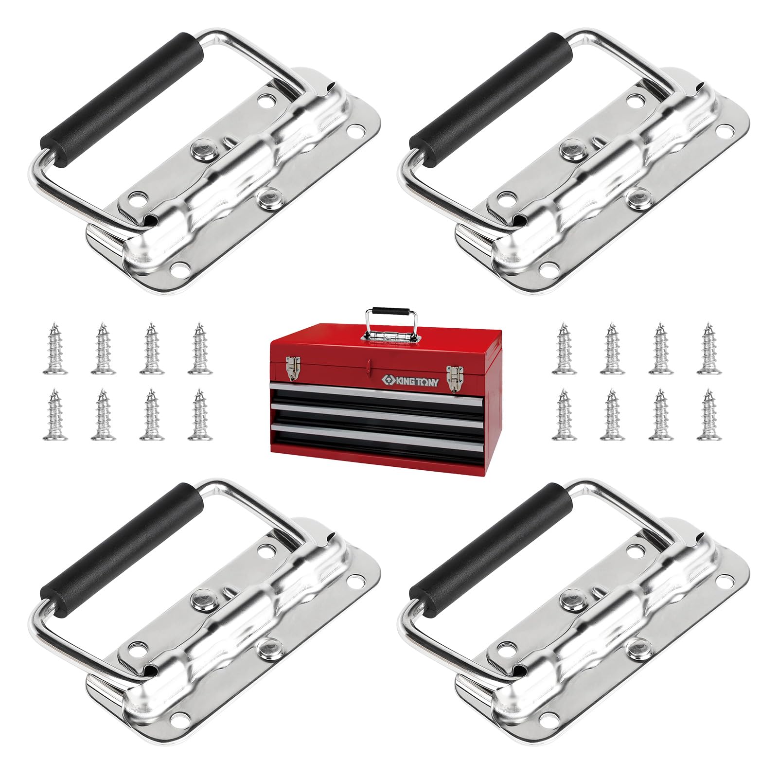 SUPAWAY Pack of 4 Folding Spring Handles, Stainless Steel Box Handle, 110 mm, Hardware Box Handle, Replacement Chest Handle, Folding Handle with Insulated Rubber Handle for Speaker Box, Toolbox Door,