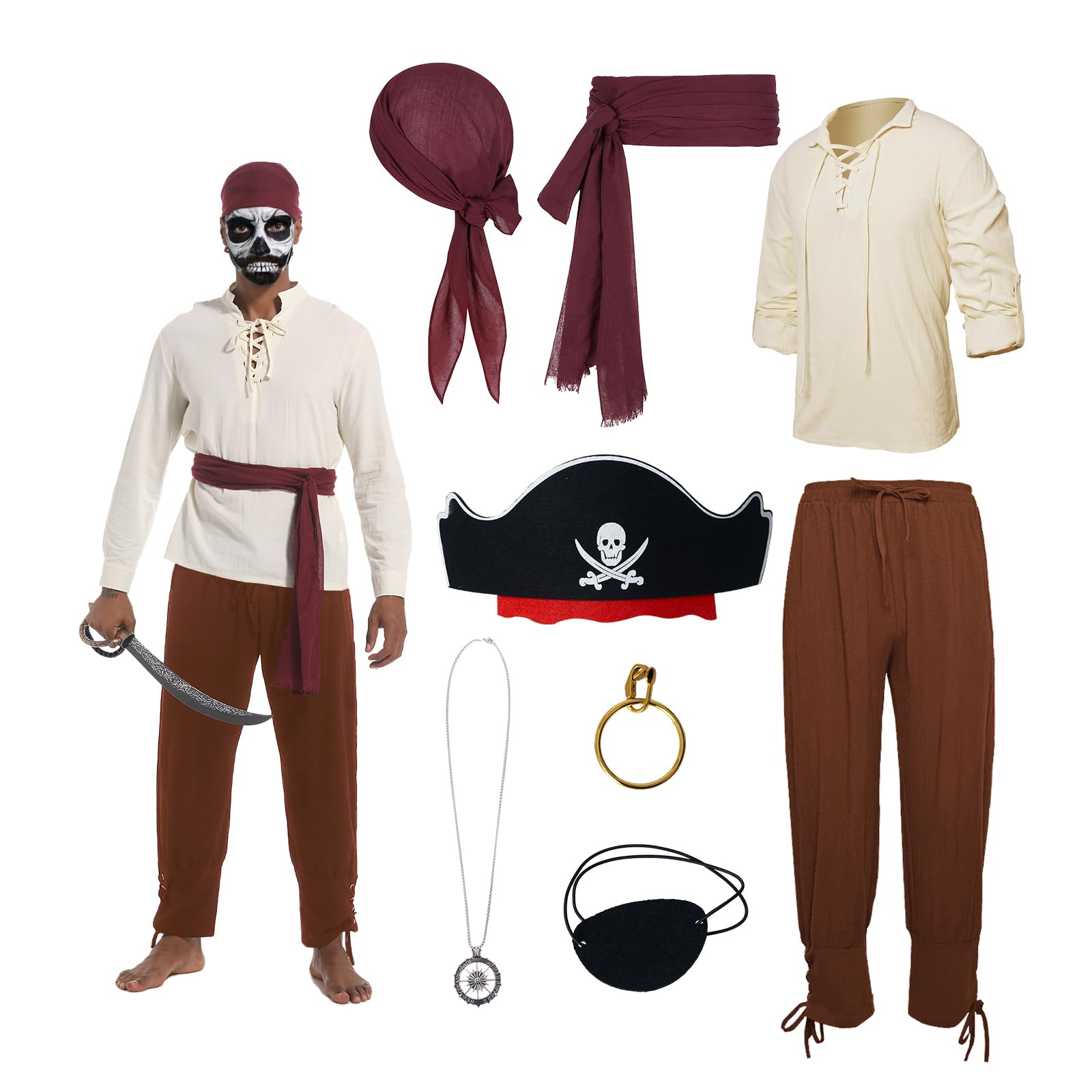 YRTBGD 8 Pcs Pirate Costume Adult Men with Pirate Shirt Trousers Bandana Belt Eye Patch for Halloween Carnival Outfit (Brown, S)