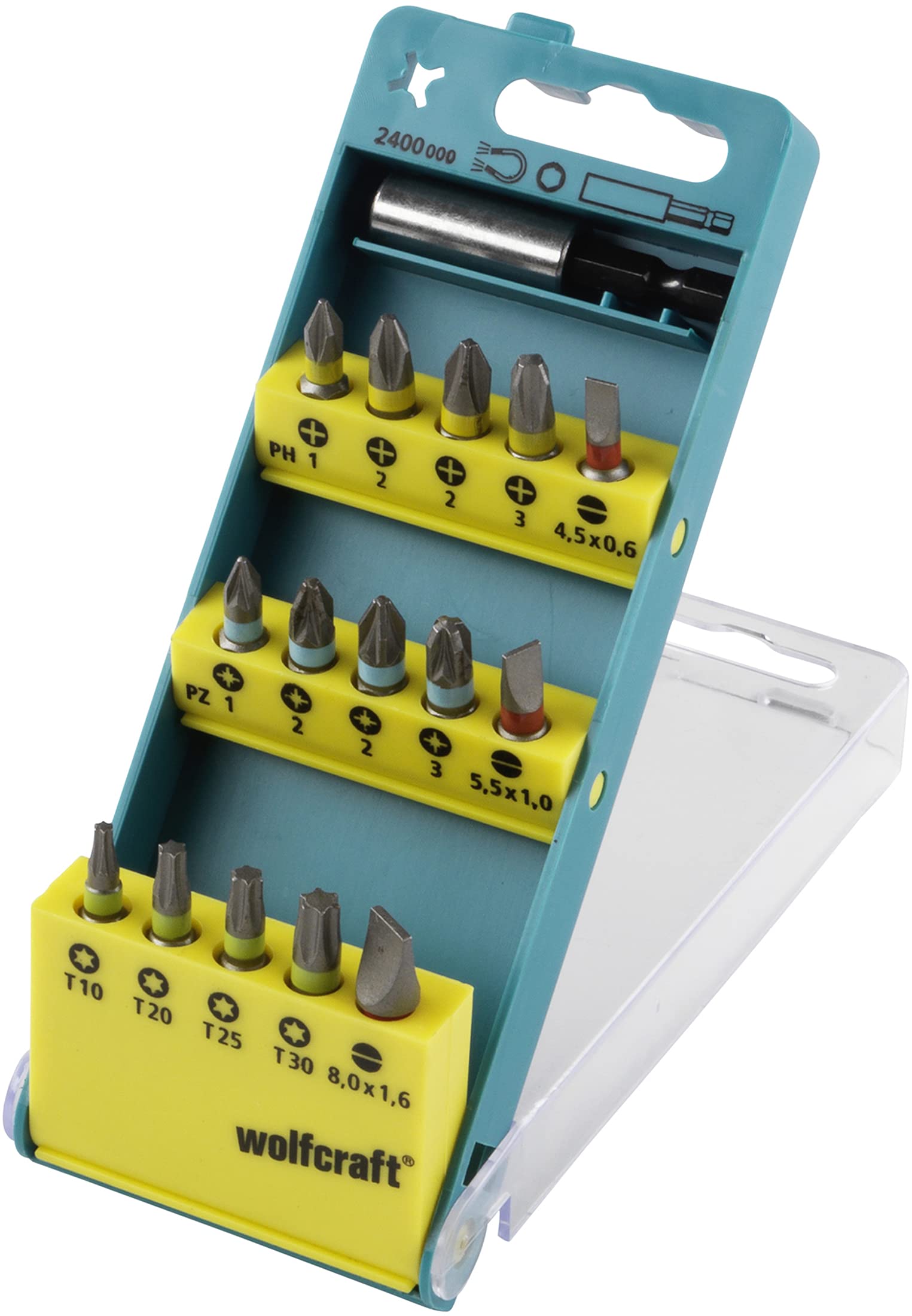 wolfcraft Bit Box Flat / Crosshead (PH/PZ) / TORX® (T), 16 Pcs. I 2400000 I 15 bits in various sizes, incl. bit holder