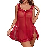 Avidlove Women's 2 Piece Mesh Sheer Floral Lace Babydoll Slip Dress Nightgowns and Thong Lingerie Set