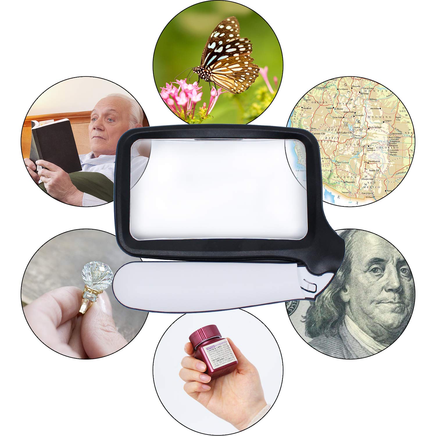 H+LUX Lighted Magnifying Glass 2X Large Handheld Reading Magnifier with 5 Dimmable LED Lights, Folding Handle, Rectangular Lens, Ideal for Seniors Reading, Low Vision, Macular Degeneration, Hobbyists