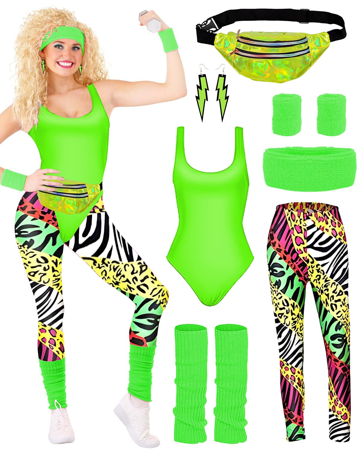 BIQIQI Women’s 80s Sportswear Costume, Leotard, Leggings, Headband, Arm Bands, Leg Warmers, Earrings, Bum Bag, 80s and 90s Outfit — image 1