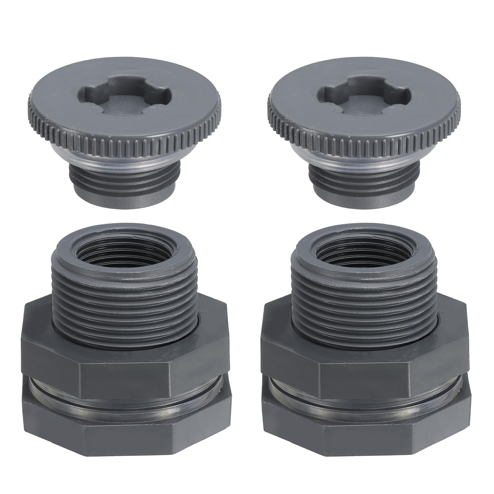 PATIKIL PVC Bulkhead Fitting with Plug NPT 3/4", 2 Pack Bulkhead Water Tank Connector with Silicone Seal Gasket Garden Hose Fitting with Plug for Rain Bucket, Sinks, Aquariums, Gray
