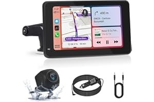 JUN-ELECTRON Portable Wireless Carplay Display, 7" HD Touch Screen Compatible Apple Carplay&Android Auto with Backup Camera/Mirror Link/Bluetooth/GPS Navigation for All Vehicles