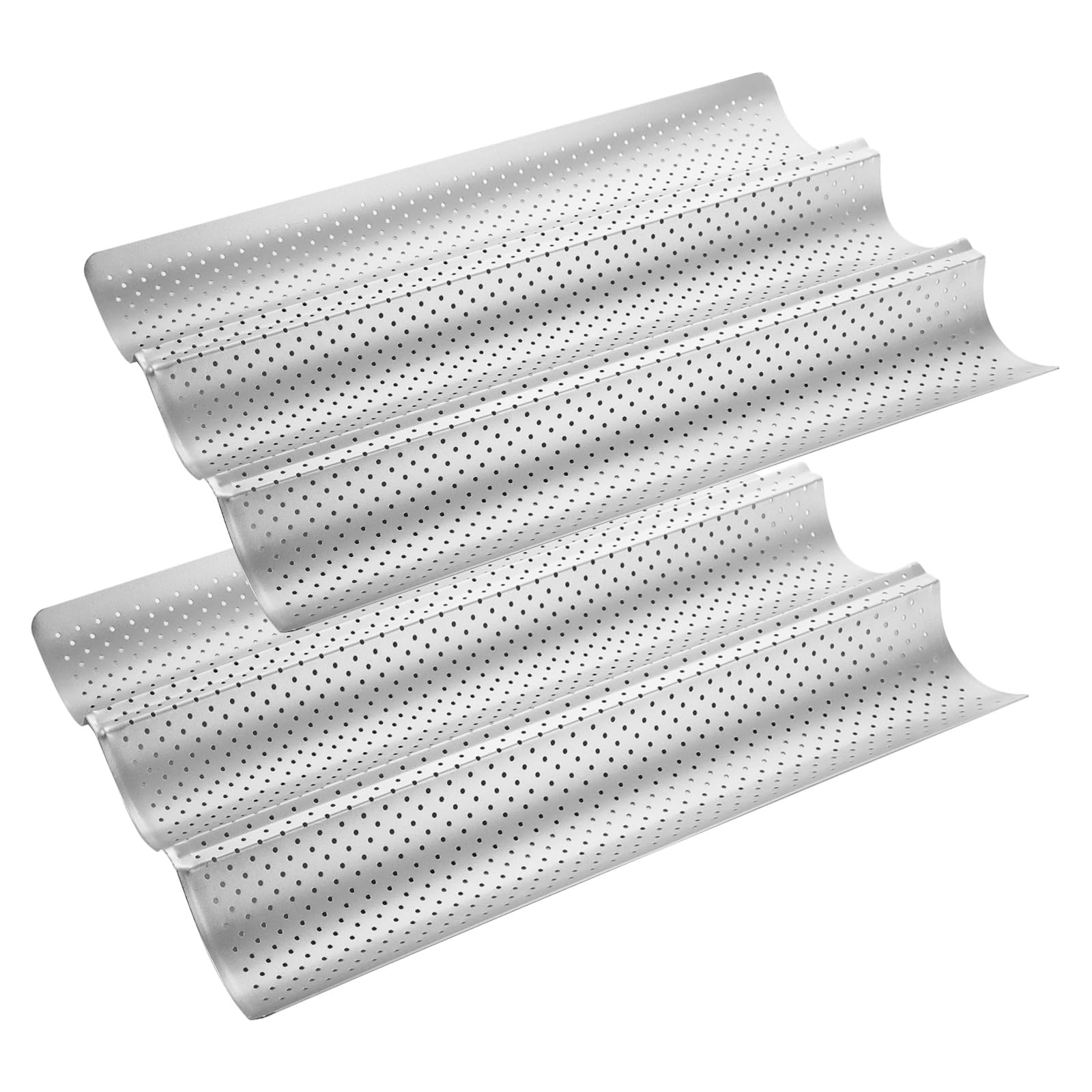 GBACHOOSE 2 Pcs Non-Stick Baguette Baking Tray, 38x24.5cm French Bread Baking Trays, French Baguette Tray for 3 Baguettes (Silver)