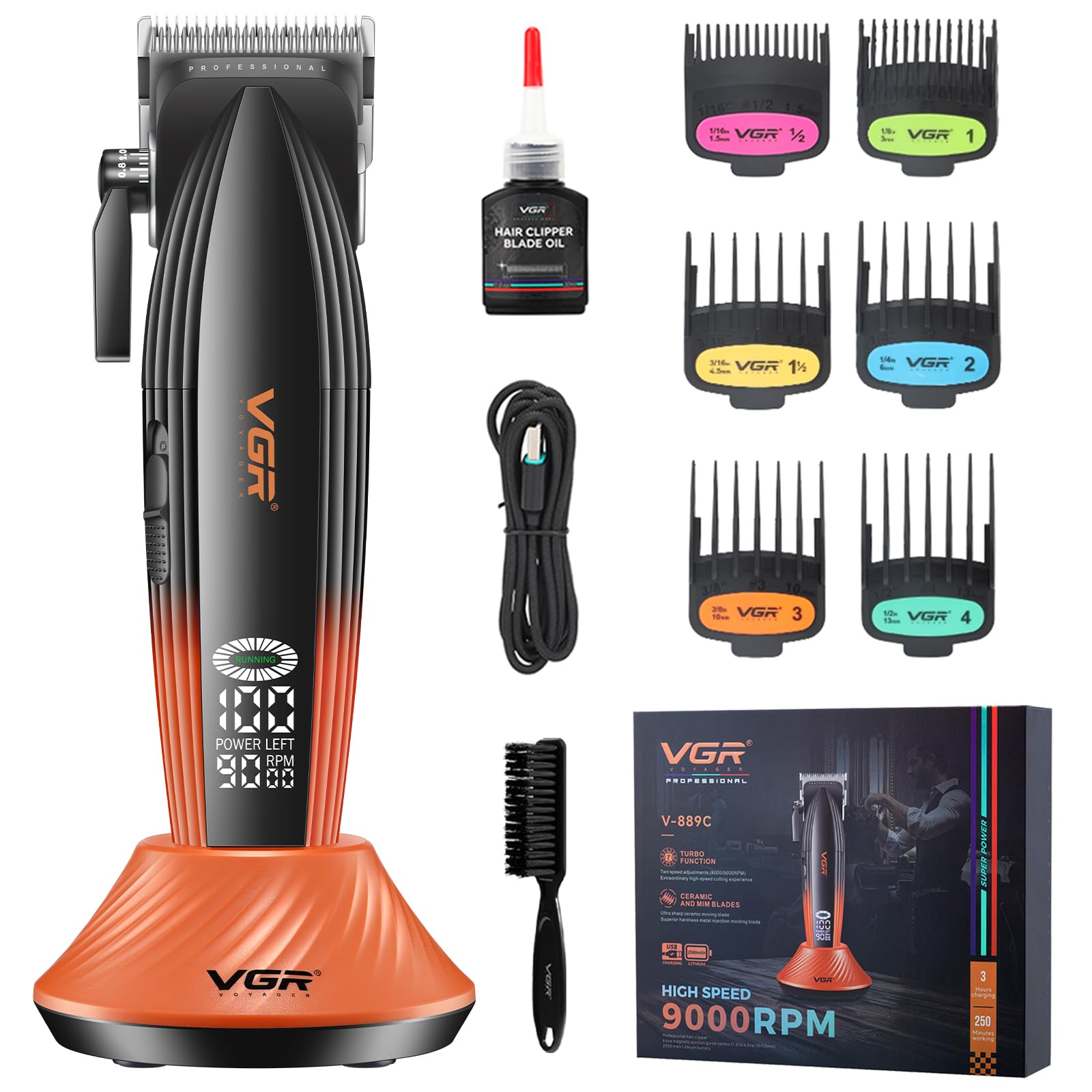 Photo 1 of VGR 889C Professional Hair Clippers for Men, 9000RPM Cordless Barber Clippers with Ceramic & MIM Blades, 6 Magnetic Guide Combs, LED Display, USB Charging Base, Mens Grooming Kits for Barber