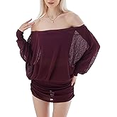 Best Rose Women's Off The Shoulder Dress Long Sleeve Batwing Mini Ruched Sheer Y2K Oversized Casual Streetwear Sexy Dress