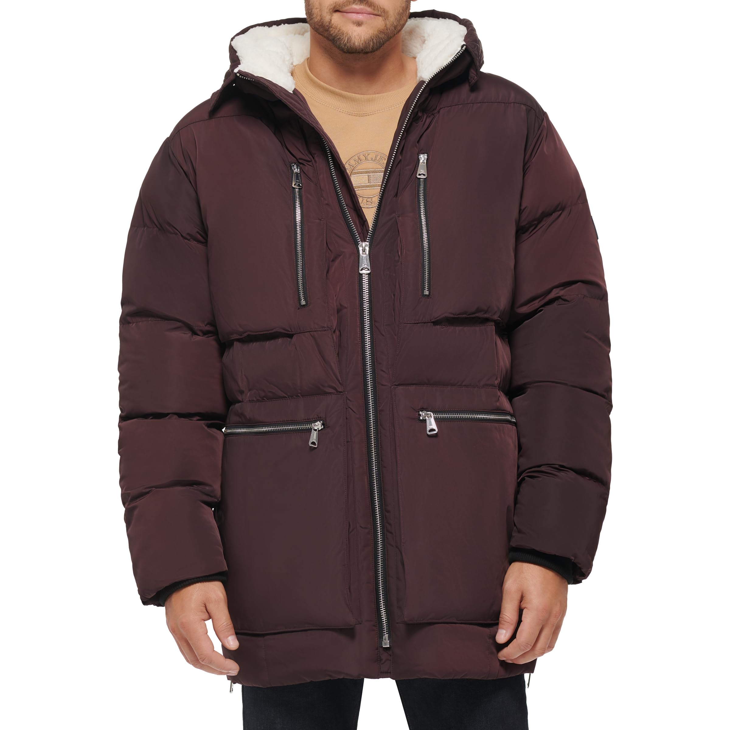 Tommy Hilfiger Men’s Heavyweight Quilted Sherpa Hooded Parka, Port, XX-Large