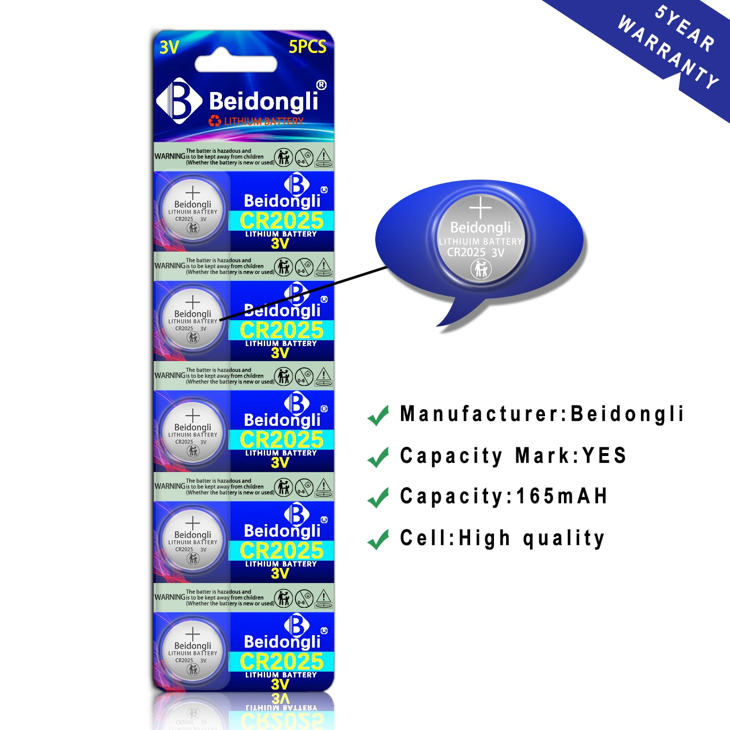 Beidongli CR2025 3V Lithium Coin Battery (10-batteries)【5-Year Warranty】