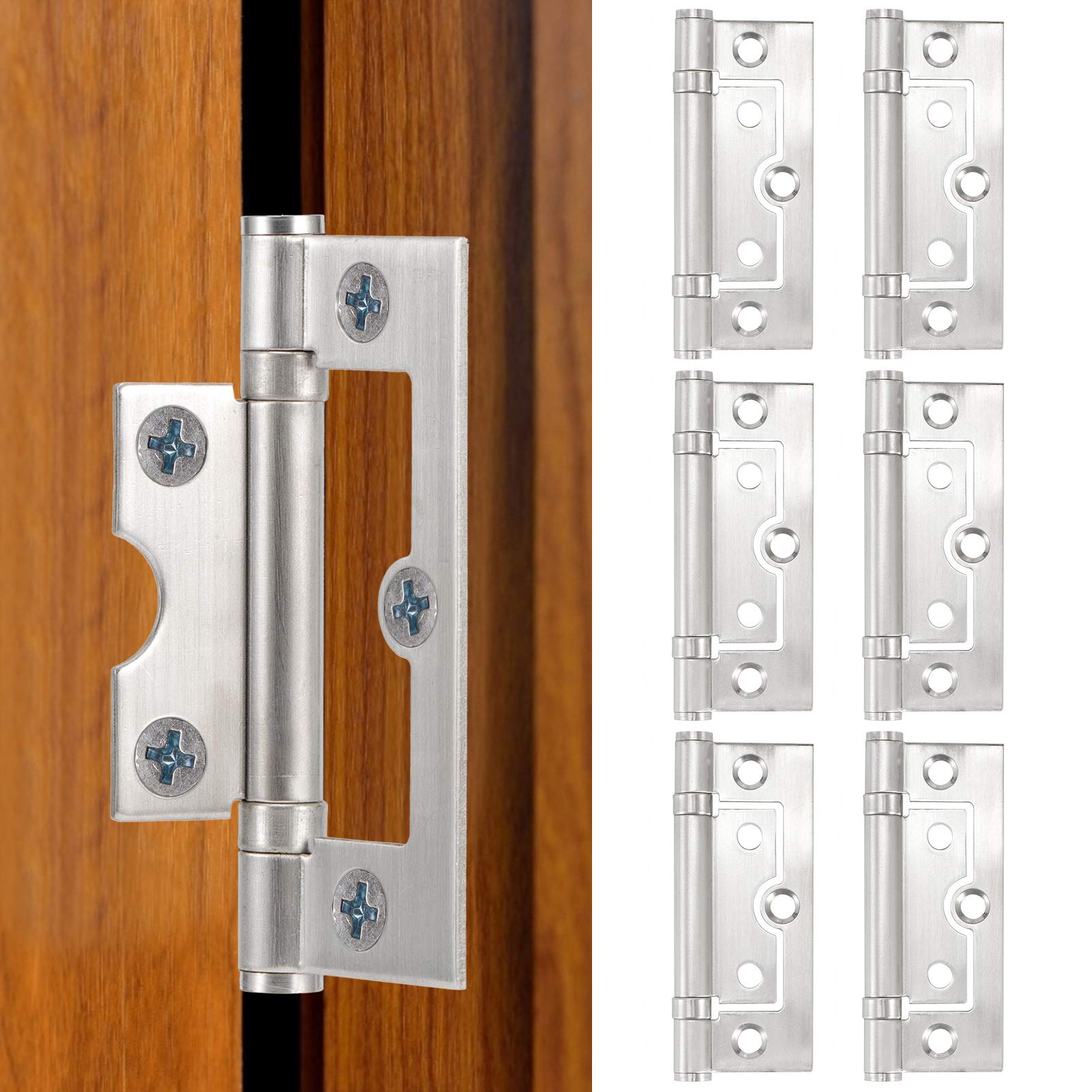 AYNEFY Door Hinge, 6Pcs Stainless Steel Ball Bearing Non-Mortise Hinge 8x3.3cm 2mm Thick with Screws for Interior Doors Furniture Windows